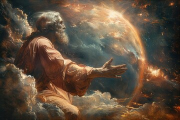 Divine creation narrative, biblical concept of God creating the world and everything in it in six days. Religion Theology