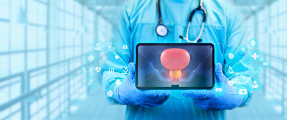 Prostate cancer concept. The doctor uses his tablet to analyze the area of the prostate with cellular tissue damaged by cancer. Celeste clinic background.
