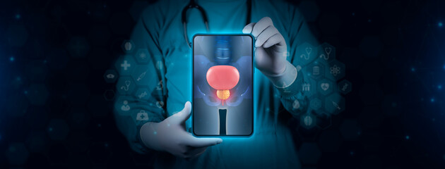 Prostate cancer concept. The doctor uses his tablet to analyze the area of the prostate with cellular tissue damaged by cancer. Urologist isolated on futuristic technological blue background.