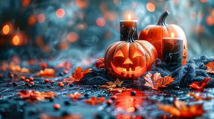 Halloween Pumpkins and Candles Autumn Display. - Powered by Adobe