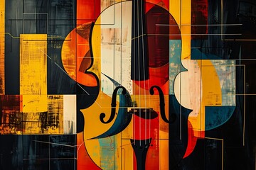 : A vivid and abstract representation of a musical instrument, with a bold color palette, set against a dark and monochromatic background