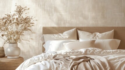 The fourth image captures the versatility of Jute Journey wallpaper as it is used to create a feature wall in a bedroom. The soft and gentle hues of the wallpaper create a soothing .