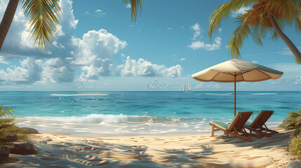 Chairs And Umbrella In Tropical Beach - Seascape Banner