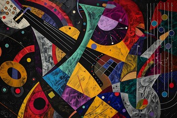 : A vivid and abstract representation of a musical instrument, with a bold color palette, set against a dark and monochromatic background