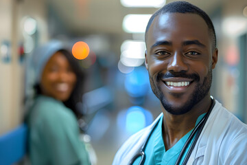 Portrait of an African-American male doctor, a guy in a hospital gown, and a smiling nurse in a hospital corridor, celebrating national doctors day and world nurses day.