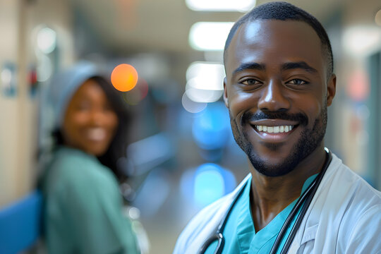 Portrait of an African-American male doctor, a guy in a hospital gown, and a smiling nurse in a hospital corridor, celebrating national doctors day and world nurses day. - Powered by Adobe