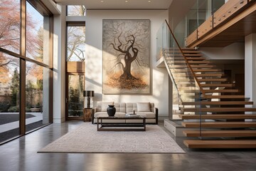 Spacious Living Room with Staircase and Art