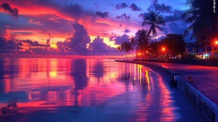 Golden Hour Photography Capturing the Vibrant Sunset Colors Reflected on a Tranquil Seaside Promenade