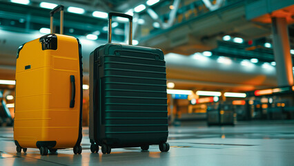 Two suitcases sitting on the floor in a large airport terminal.