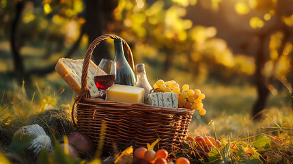 A wicker picnic basket filled with cheese, bread, and wine set in a sunny vineyard
