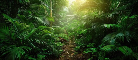 Explorers Trek Through Dense Rainforest Reveals Exotic Wildlife and Vibrant Flora - obrazy, fototapety, plakaty
