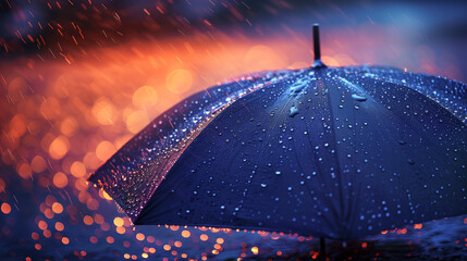 umbrella under rain against water drops splash background. Rainy weather concept