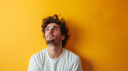 Fototapeta premium man with expression of dizzy and fatigue yellow copy space background