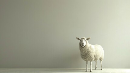 a white sheep is standing in a empty room - obrazy, fototapety, plakaty