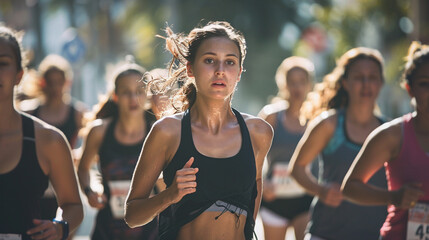 a group of woman running in marathon competition - obrazy, fototapety, plakaty