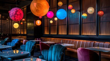 In a VIP lounge area lowlevel lighting casts soft shadows against the leather couches and velvet chairs. Glowing orbs of varying colors hover above the reserved tables creating an . - obrazy, fototapety, plakaty