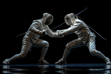 Two Professional Fencers Show Masterful Swordsmanship in their Foil Fight. They Attack, Defend, Leap and Thrust and Lunge. Shot Isolated on Black Background