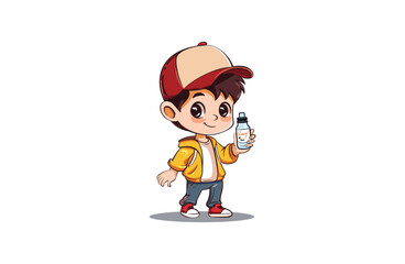 Cute boy holding a bottle Mascot Logo Style 