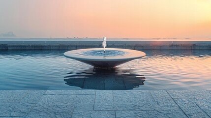 Round minimal fountain in a large pool with a beautiful blurry background - obrazy, fototapety, plakaty
