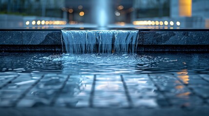 Water flowing over a modern fountain with a blurred background of lights and buildings at night.