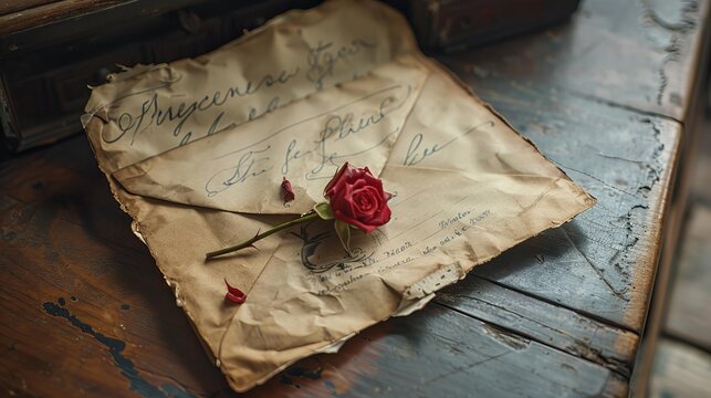 Vintage love letter with red rose on wooden table, romantic concept, old fashioned background