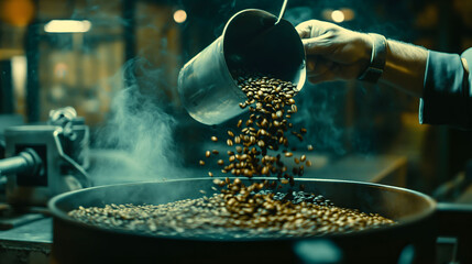 Closeup of fresh coffee beans being poured into a roaster, highlighting the roasting process with visible steam