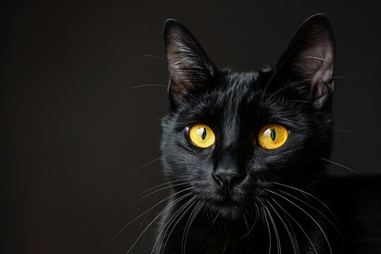 Black cat with yellow eyes on black background .