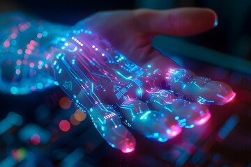 A hand with glowing blue and red wires is being held up. The image conveys a futuristic and technological vibe, with the glowing wires giving the impression of advanced technology - obrazy, fototapety, plakaty