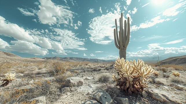 Saguaro cactus in the Arizona desert landscape under blue sky with white clouds