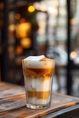Close-up of an iced coffee latte showing layers of milk, coffee and froth sitting on a wooden table with blurred background