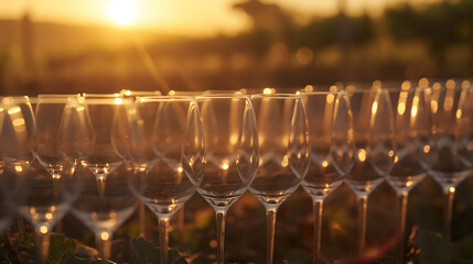 Golden hour image of a vineyard with lines of empty wine glasses ready for a tasting event - obrazy, fototapety, plakaty