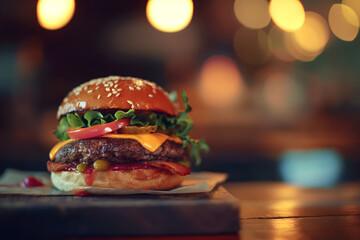 A succulent gourmet burger with fresh toppings and cheese served on a rustic wooden board in a...