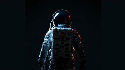 The astronaut depicted in the rear view is outlined against a black background, creating an effect of mystery and mystery.