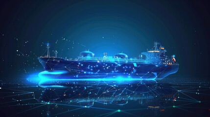 Gas carrier ship, vessel for transportation of liquefied petroleum gas LPG from futuristic polygonal blue lines and glowing stars. AI generated