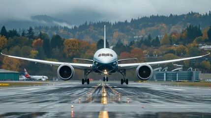Large modern wide-body passenger airplane landing on runway with forest and mountains