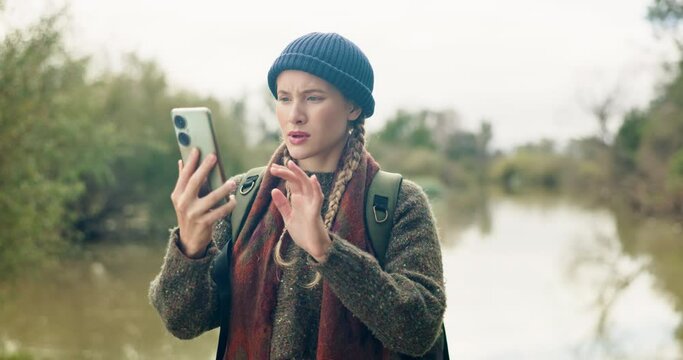 Hiking, phone call or woman with connection problem in forest for signal, glitch or reception fail in nature. Smartphone, stress or backpacker frustrated by network error, lost or 404 jungle disaster