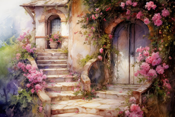 Fototapeta na wymiar Old house surrounded by pink flowers in the garden. Vintage Rustic Wooden Door, Provence, France or Tuscany, Italy. Watercolor painting