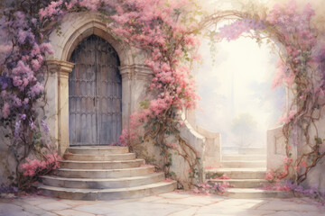 Old Wooden Door in fairy tale Castle house and Garden Gate with flowers. Watercolor painting, detailed, pastel colors, copy space. Fantasy Door