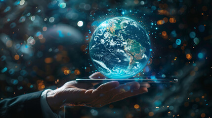 The picture shows a hand holding a digital tablet, on the screen of which a holographic planet Earth is displayed, reflecting the importance of global business technologies.