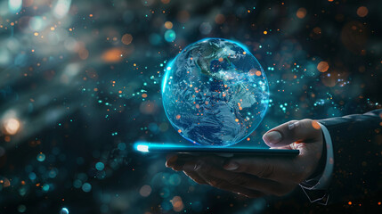 A hand with a tablet in the frame shows a glass model of the planet Earth with holographic information displayed, emphasizing the role of technology in global business.