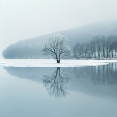 fantasy art, magical lake in winter morning ,minimalist - obrazy, fototapety, plakaty