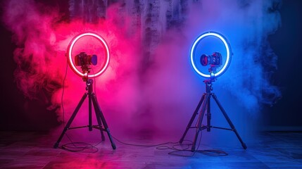 Studio Setup with Ring Light, LED Neon Lamp, and DSLR Camera on Tripods in Moody Blue and Red Lighting