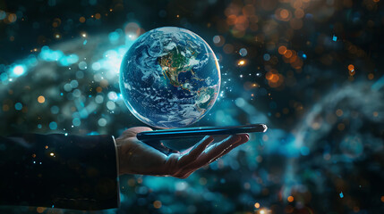 The image shows a hand with a digital tablet holding the glass planet Earth with a holographic globe map, illustrating global business initiatives.