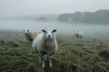 Five sheep in a field on a misty morning in Dorset - obrazy, fototapety, plakaty