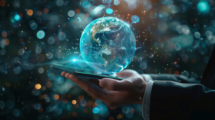 A hand holding a digital tablet supports the glass planet Earth with a holographic projection, symbolizing the relationship between humanity and technology.