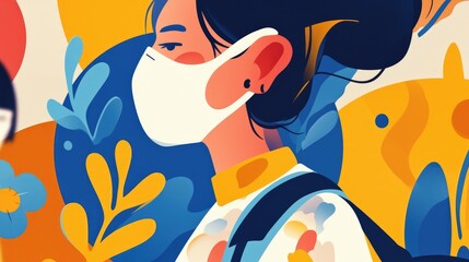 An abstract 2d illustration depicts a student wearing a face mask symbolizing the school s COVID prevention guidelines for pupils as they prepare to reopen after lockdown - obrazy, fototapety, plakaty