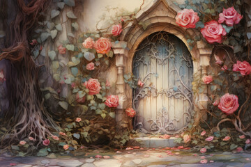 Old wooden door with elvish pattern and roses on the old castle wall. Watercolor painting. Fairy Tale Door, Fantasy Doorway, Fabulous Door