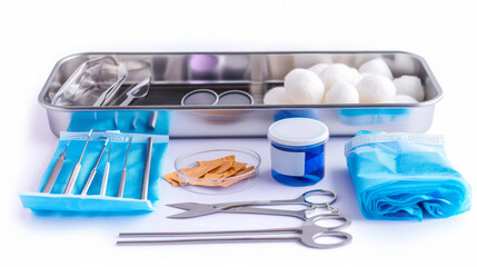 Medical equipment and tools neatly arranged with blue drapes, ai generated