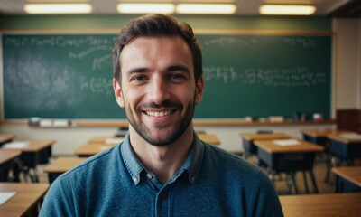 photograph portrait of male teacher smiling in classroom