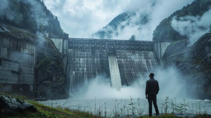 A man stands on the shore of a large body of water, looking out at a waterfall